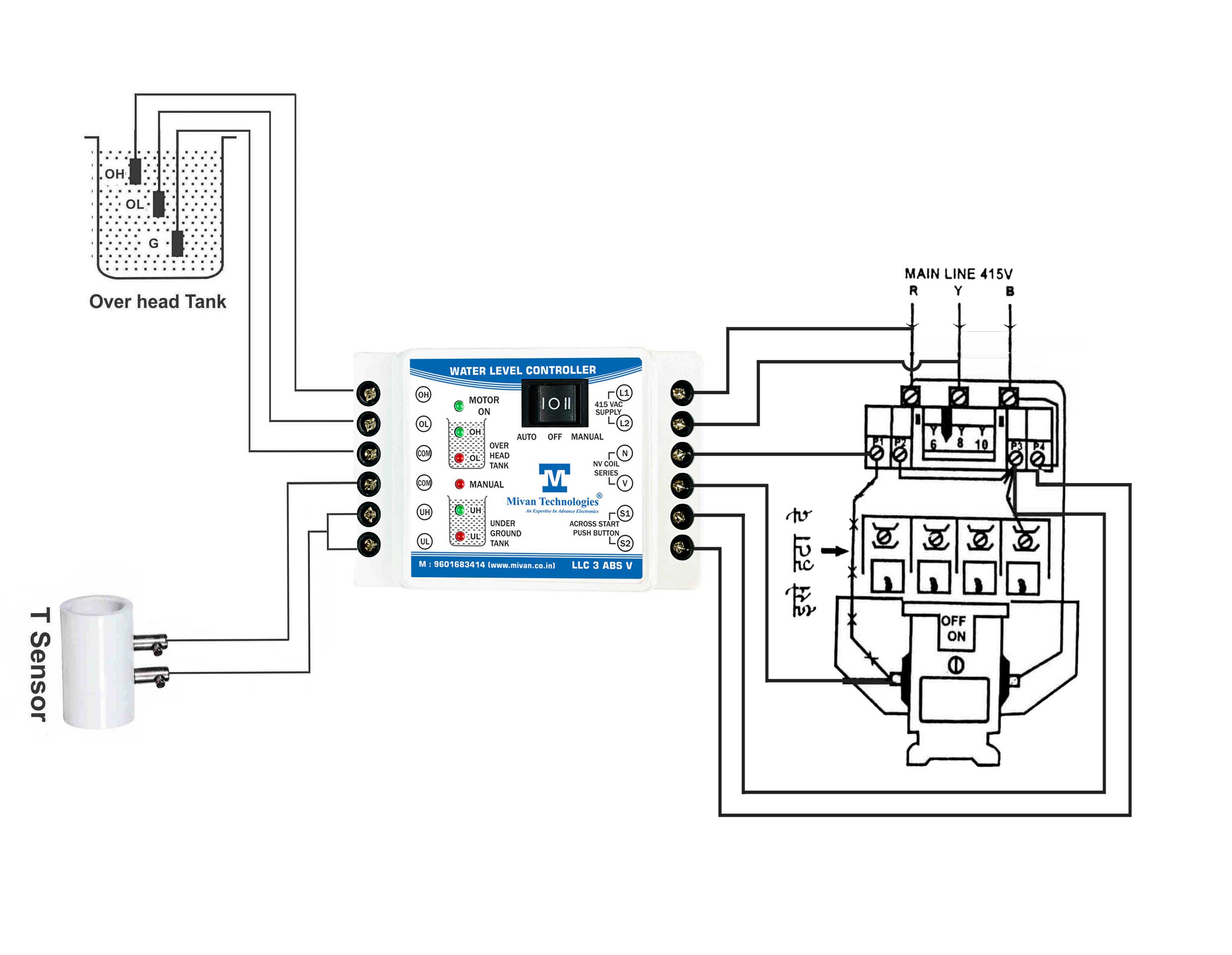 LLC 3 WITH T SENSOR When water comes in municipal line it starts the motor and when upper tank full it stops the motor