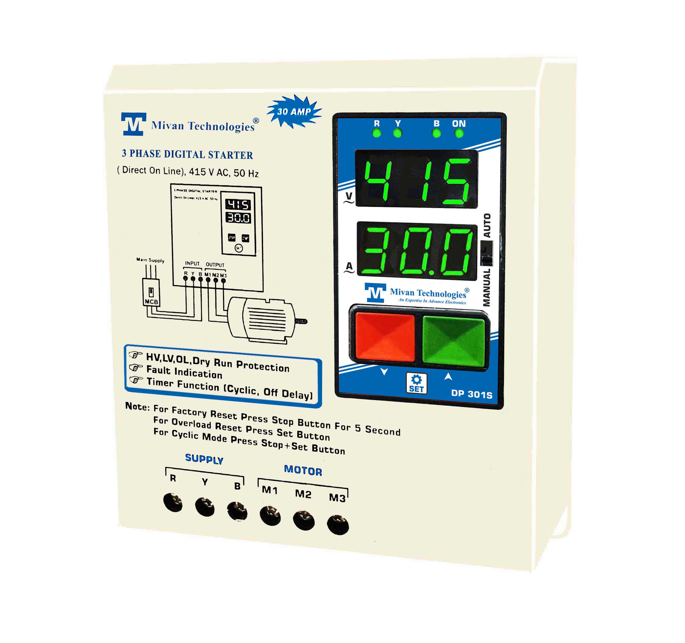 DP 301S 3 Phase DOL Digital Starter for 3 Phase Motor Suitable up to 10 hp Motor with HV LV OL Dry protections with SPP Auto switch and cyclic timer