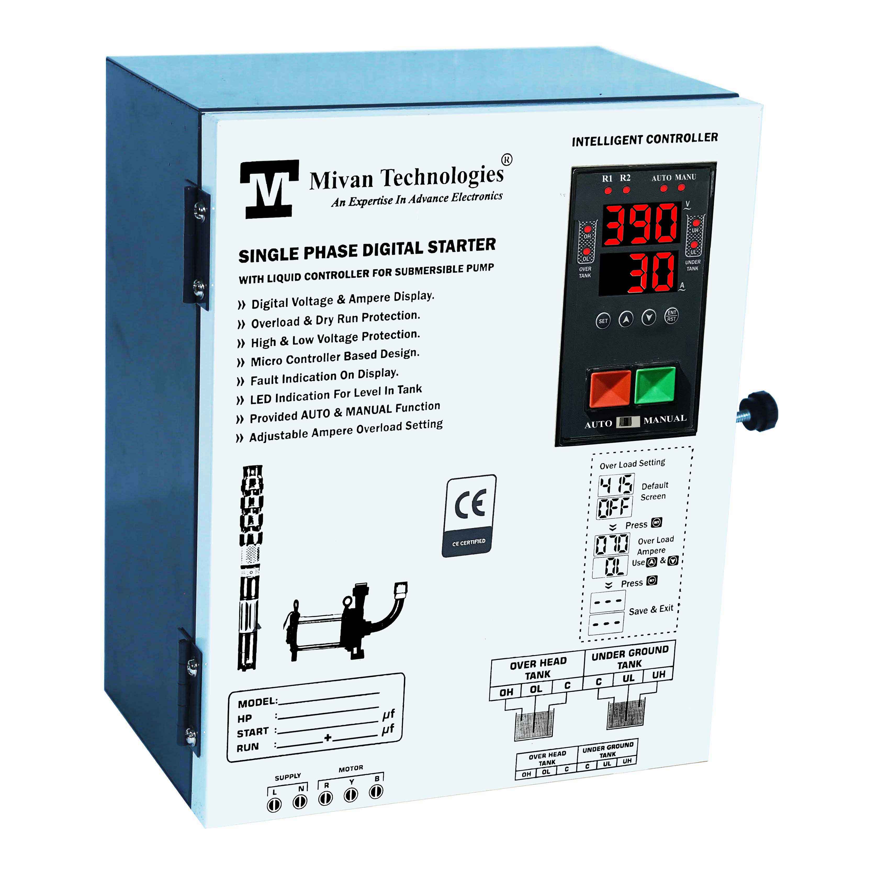 DSL SR for 3 HP MOTOR Digital water controller and starter panel with volt and amp miter with HV LV OL DRY protection cyclic timer