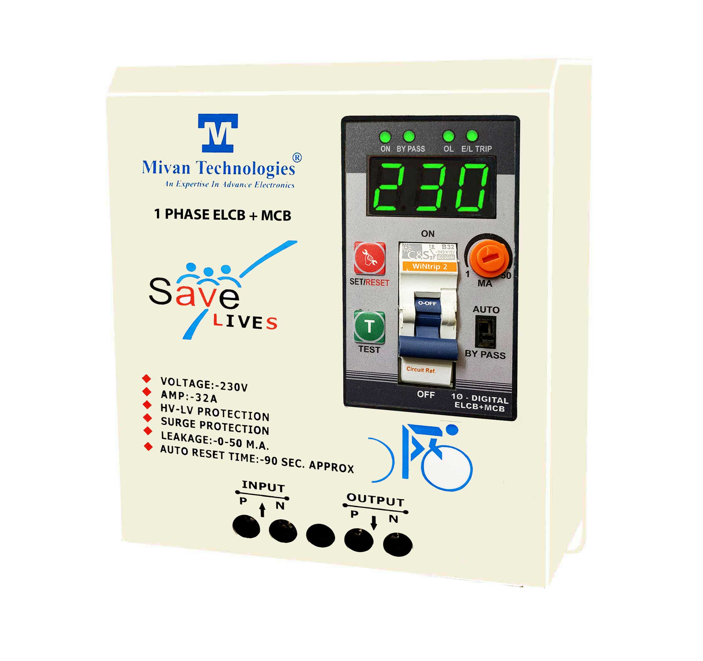 Digital ELCB with volt and amp miter with high low voltage protection overload protection