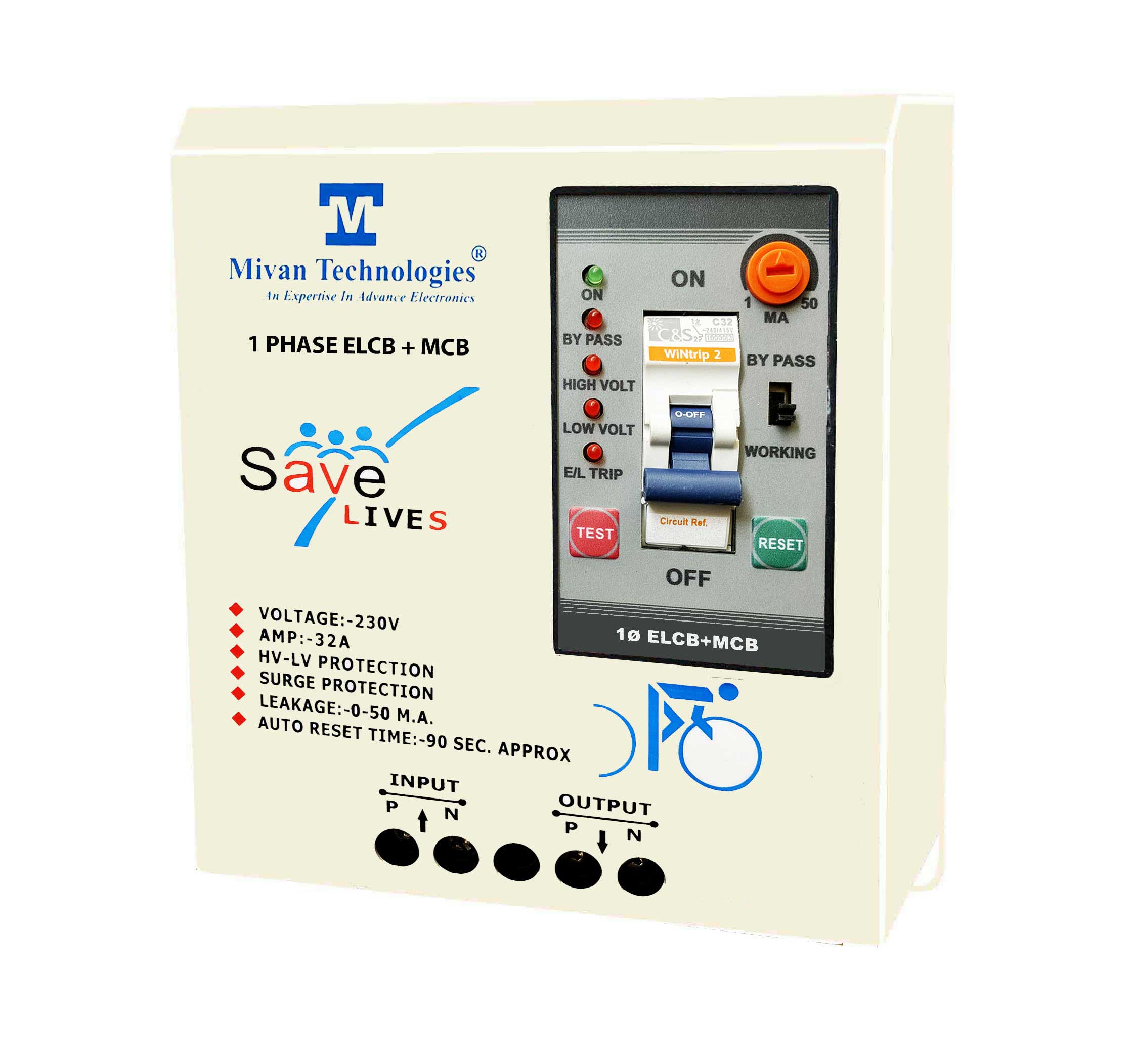 ELCB and ISI marked 32 A MCB with high low voltage protection overload protection