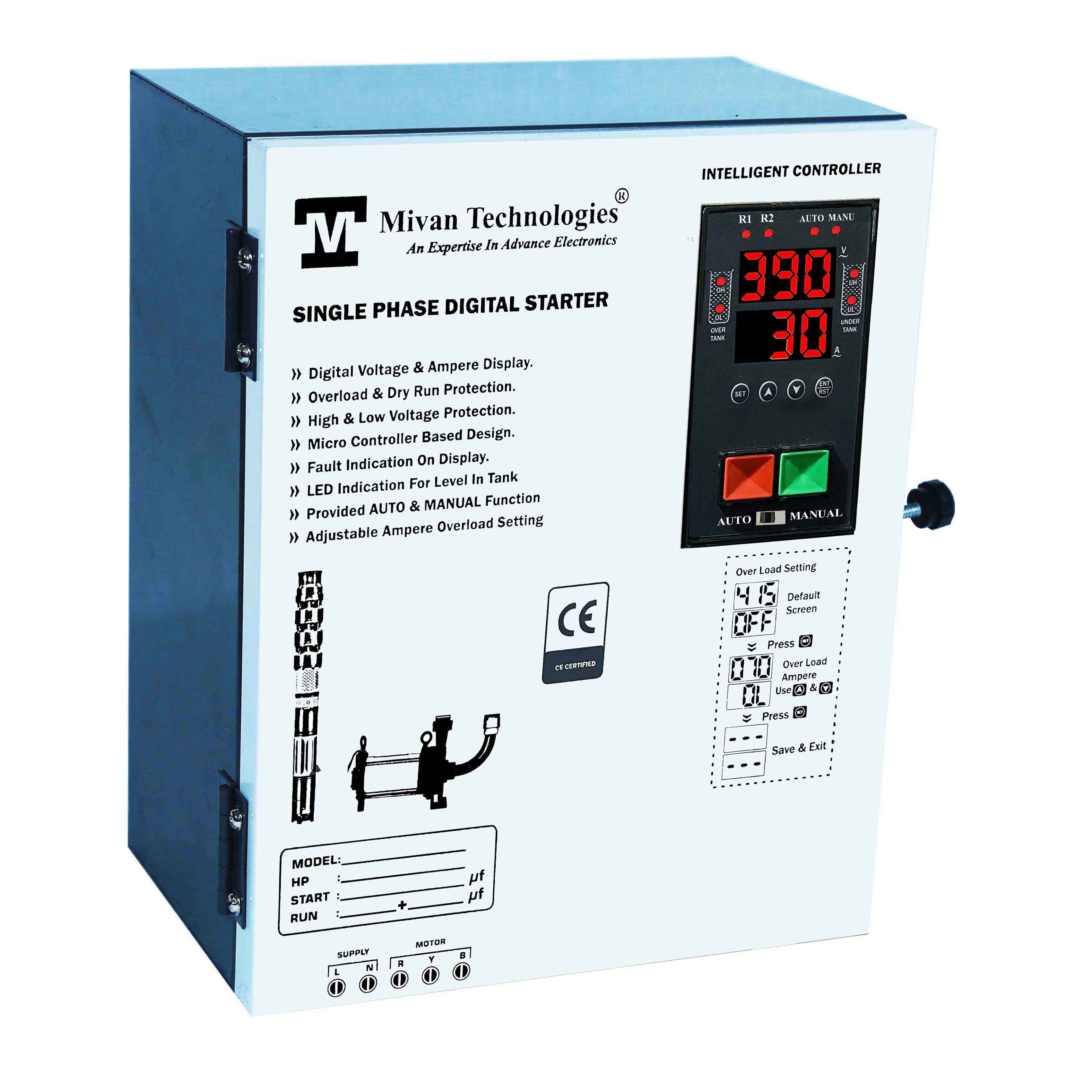 DS SR 96 single phase Digital motor starter panel with volt and amp meter with HV LV OL DRY RUN Protection with CYCLIC timer 2 contactor suitable FOR 1 HP