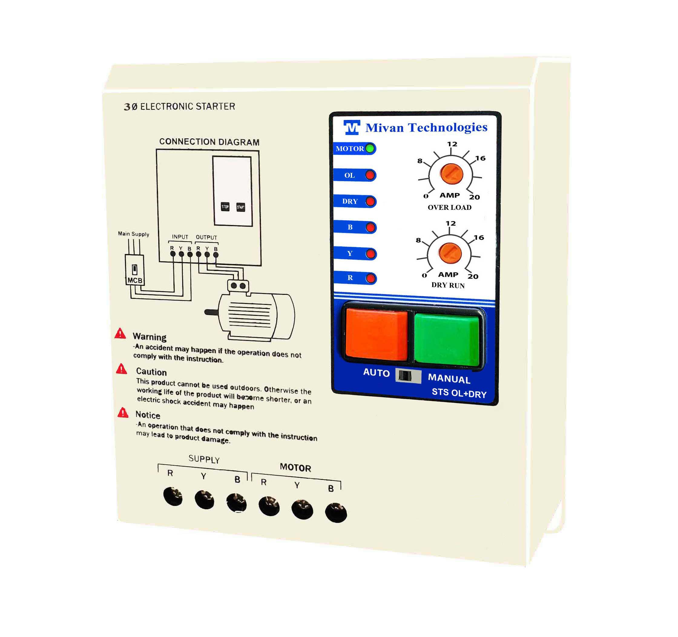 STS OL D 3 phase DOL electronic starter for 3 phase motor suitable up to 10 hp motor with  HV LV OL dry PROTECTIONS with SPP