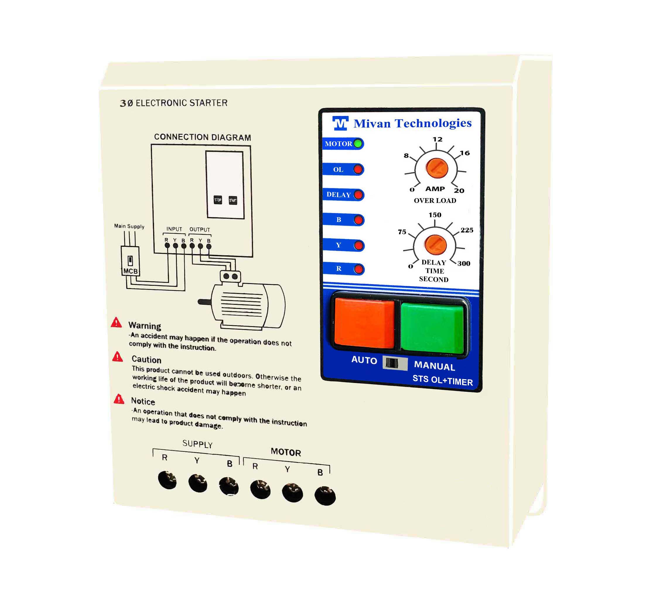 STS OL T 3 phase DOL electronic starter for 3 phase motor suitable up to 10 hp motor with HV LV OL PROTECTIONS with SPP and Auto switch timer