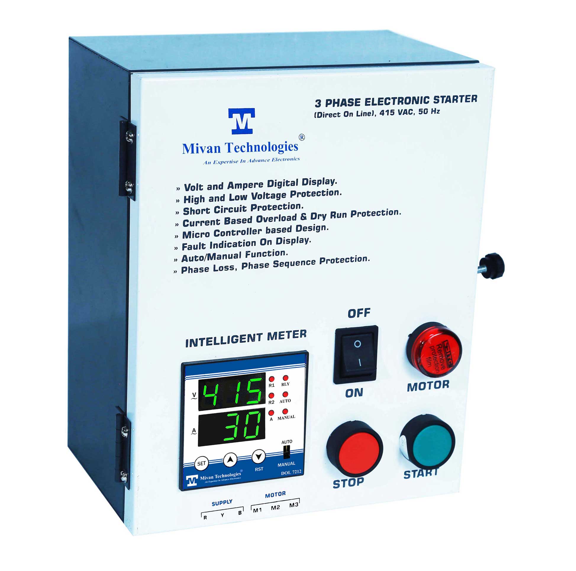 3 phase Heavy Duty DOL motor starter with HV LV OL Dry protection with Auto switch spp and timer suitable up to 30 hp DOL HD 65 A