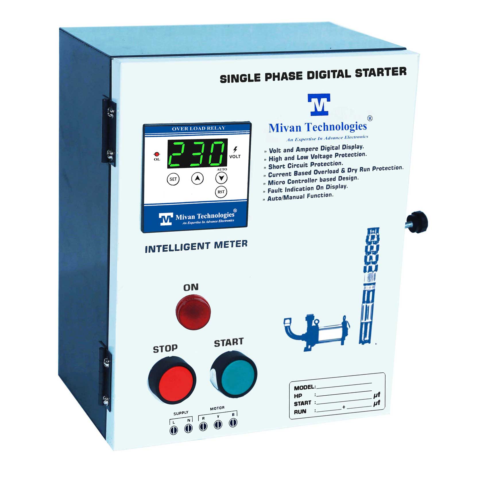 DS SR METAL Digital motor starter panel with start and run capacitor with volt and amp meter with HV LV OL DRY RUN Protection with timer suitable FOR 1 HP