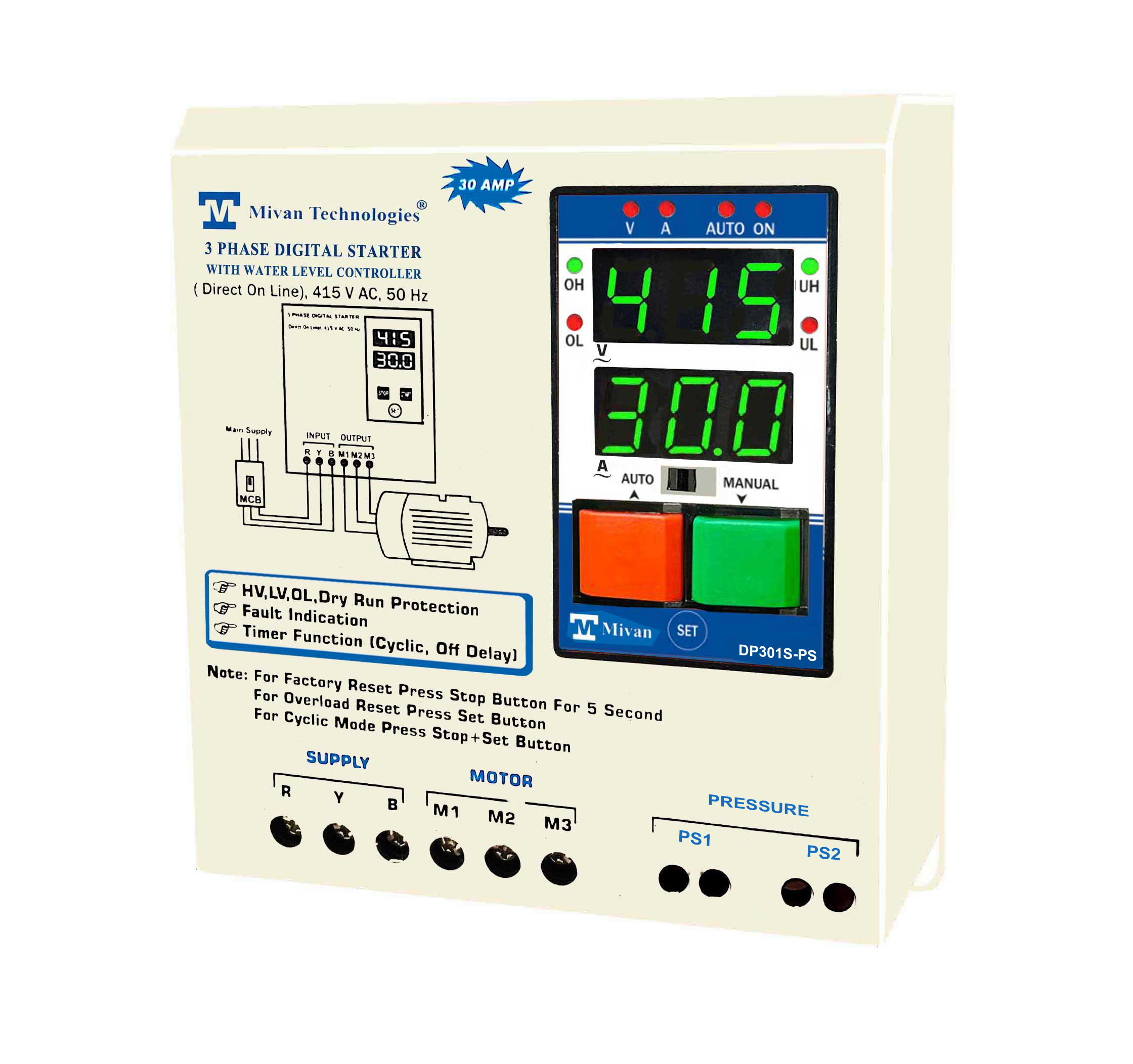 DP 301S PN  3 Phase DOL Digital Starter with pressure switch input for 3 Phase Motor Suitable up to 10 hp Motor with HV LV OL Dry protections with SPP Auto switch and cyclic timer