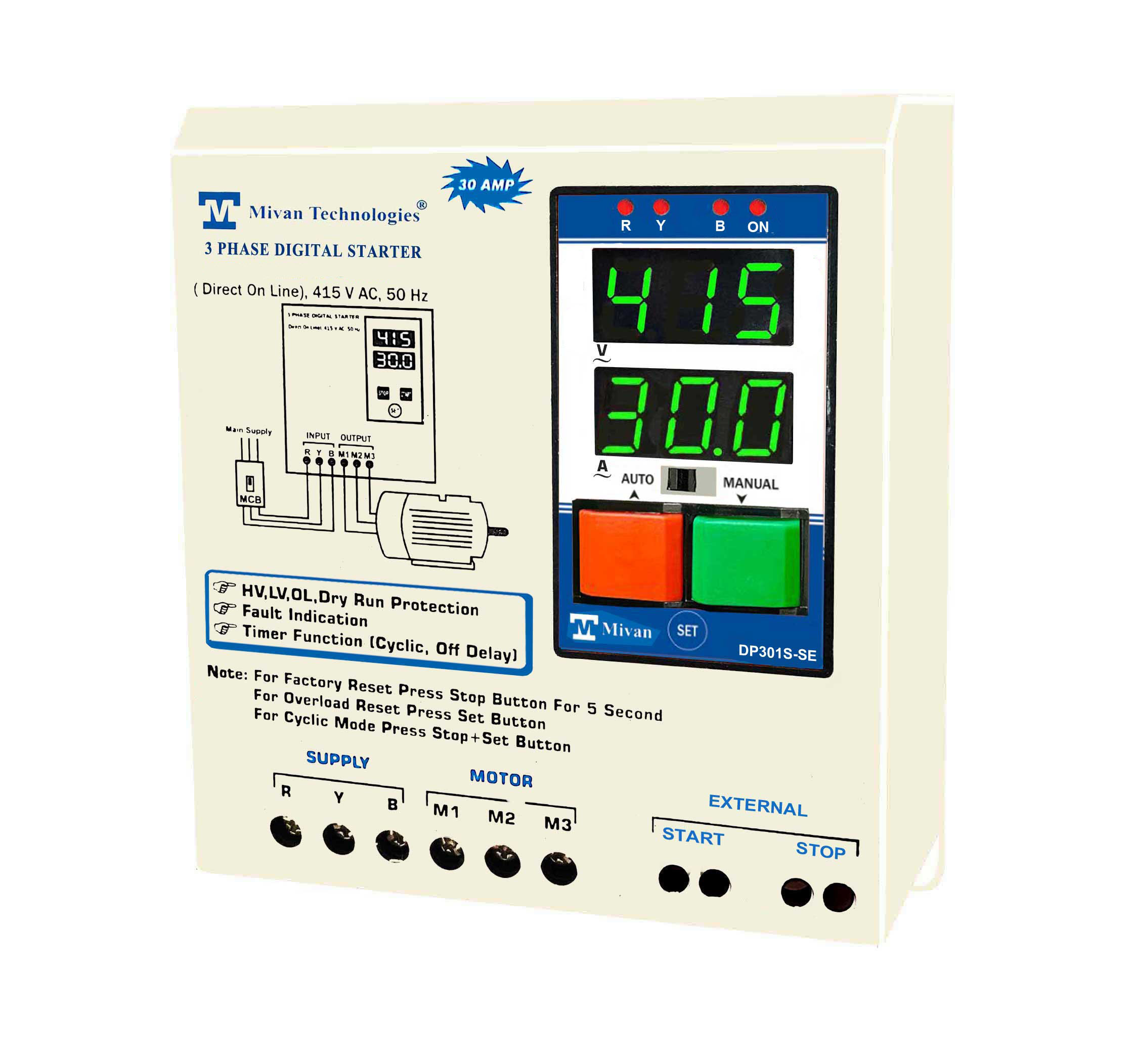 DP 301S SE 3 Phase DOL Digital Starter with external start stop connection for 3 Phase Motor Suitable up to 10 hp Motor with HV LV OL Dry protections with SPP Auto switch and cyclic timer