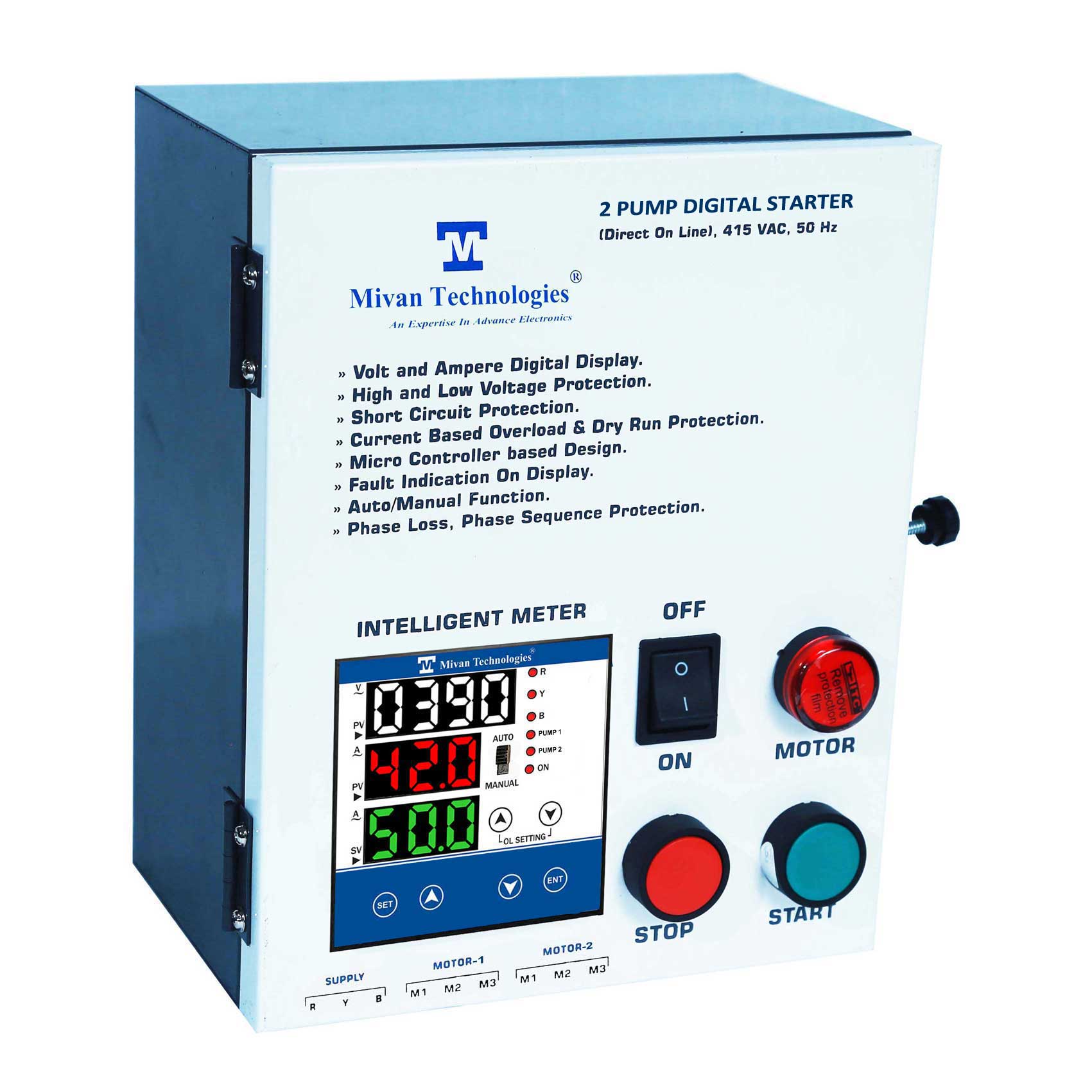 DOL DP 3 PHASE 2 PUMP DOL STARTER with HV LV OL Dry protection with Auto switch spp and timer suitable up to 15  HP operate 2 pump one by one