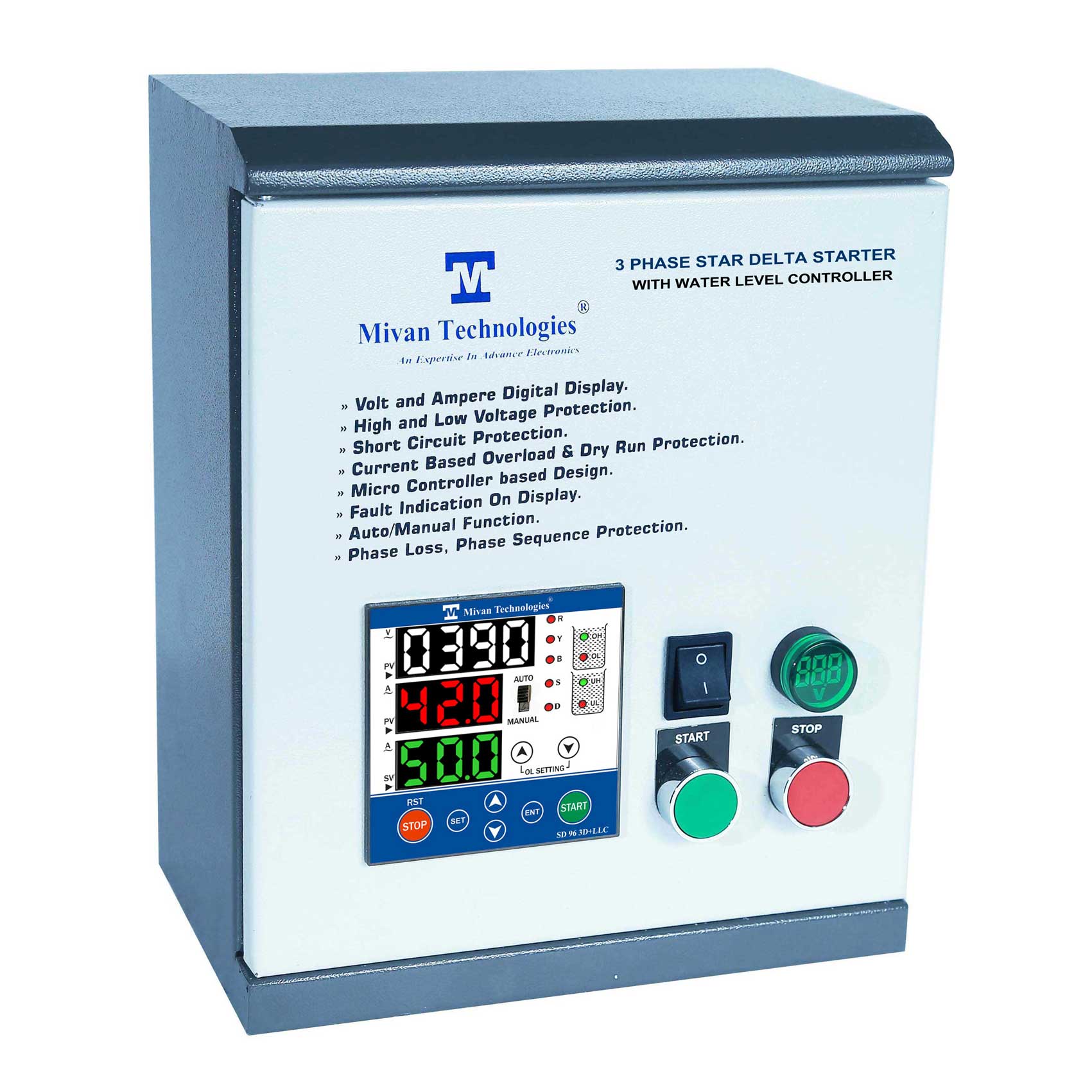 3 phase 3 display Heavy Duty water level controller with Star Delta motor starter with HV LV OL Dry protection with Auto switch spp and timer SD252518 for 10 HP motor