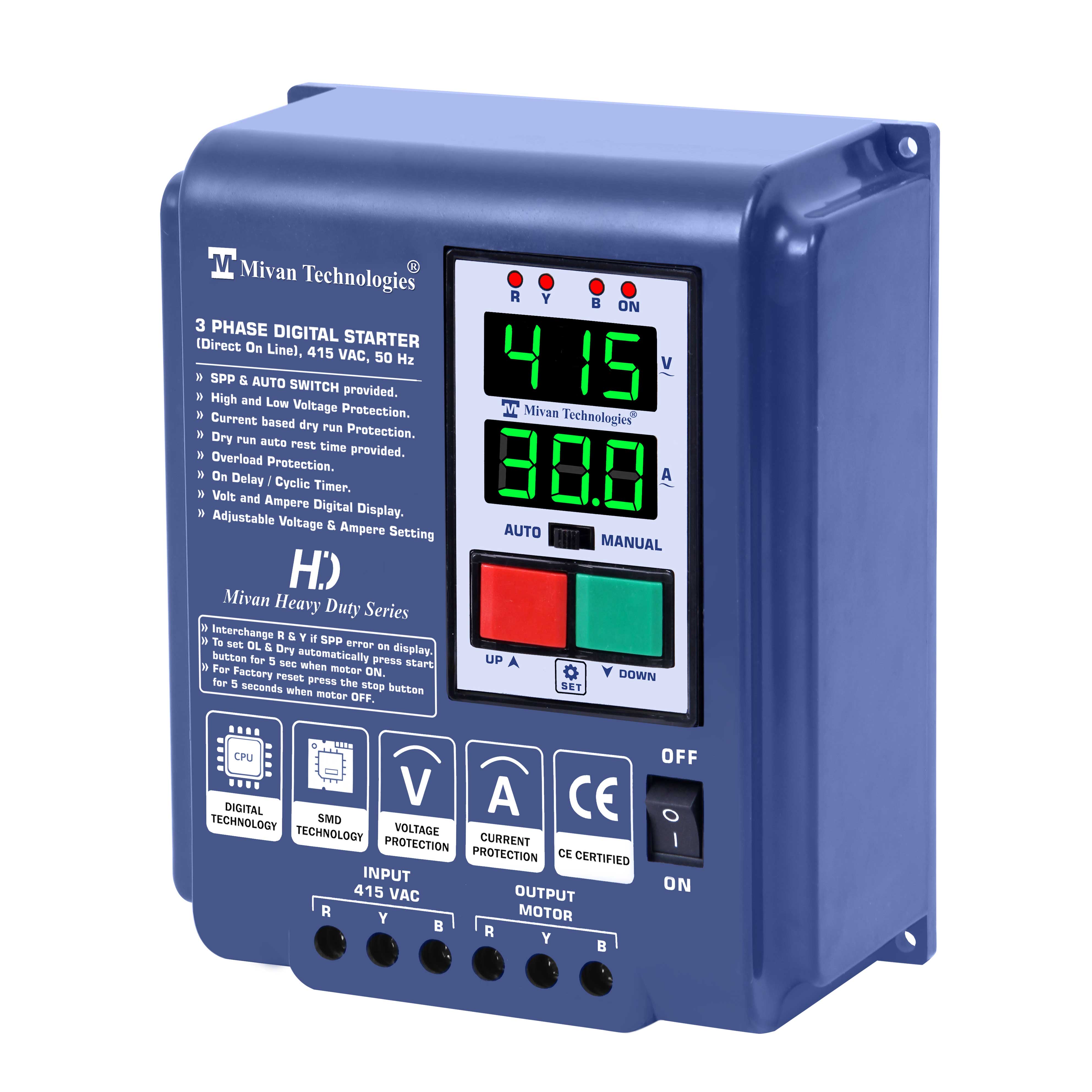 DP 301S HD 3 Phase DOL Digital Starter for 3 Phase Motor Suitable up to 10 hp Motor with HV LV OL Dry protections with SPP Auto switch and cyclic timer