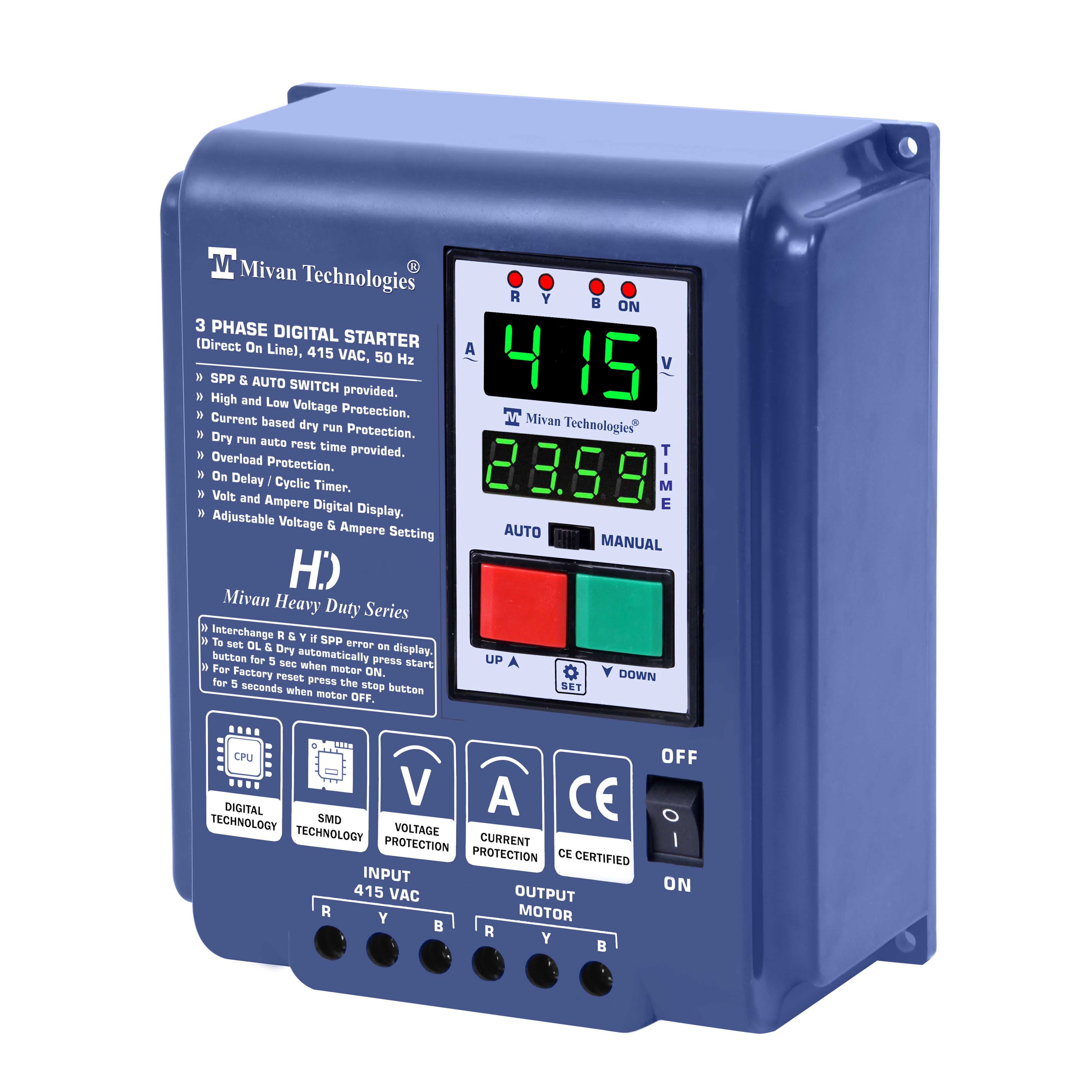 DP301S  RTC  HD 3 PHASE Digital DOL starter with REAL TIME TIMER with V A meter with HV LV OL DRY PROTECTION with cyclic TIMER with SPP and Auto switch